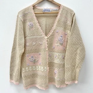 Vintage Embroidered Cardigan Jantzen Floral Knit Cottagecore Size L UK 14 VGC - Picture 1 of 10