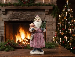 Christmas 12.75 Inch Vintage Glittered Santa w/ Teddy Bear and Tree - Picture 1 of 3
