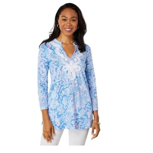 Lilly Pulitzer Tunic Top XL Kaia Blue Pink Sea Life Embellished Neckline - Picture 1 of 6