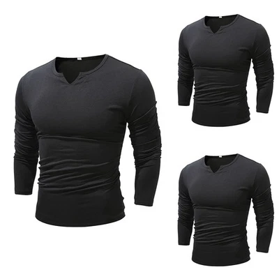 Men V Neck Basic T Shirt Long Sleeve Muscle Slim Fit Sport Gym Casual Tops Size - Image 1 of 4