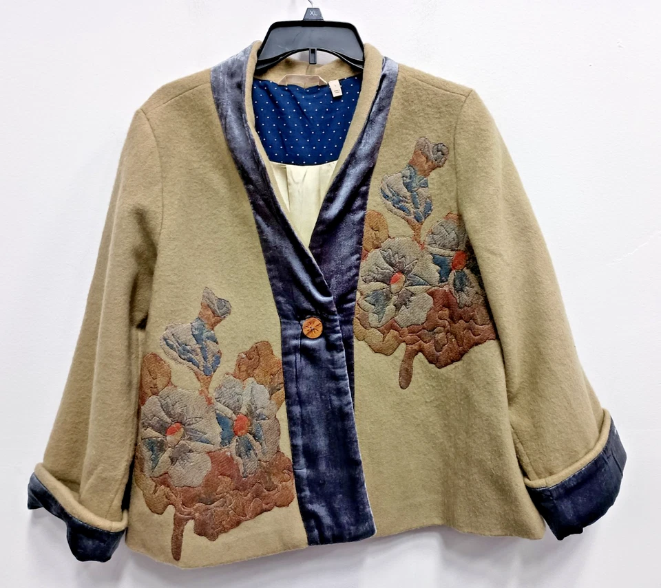 Soft Surroundings BOHO Jacket Womens Large Beige Floral Wool Blend Velvet Trim - Image 1 of 4