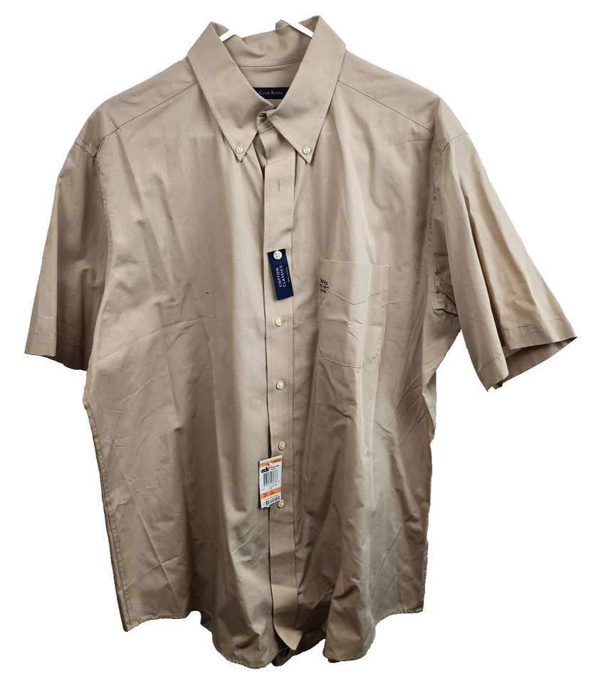 Camisa social masculina clássica de algodão Club Room bege grande com botões manga curta - Imagem 1 de 4