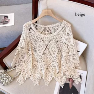 Mujeres Hueco Top Encaje Crochet Camisa Informal Blusa Étnica Playa Fiesta Verano - Imagen 1 de 15