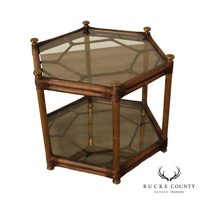 Hollywood Regency Vintage Two-Tier Glass Top Bamboo Side Table - Image 1 of 4