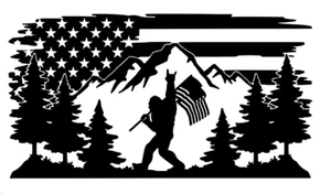 BIGFOOT/SASQUATCH VINYL DECAL - FLAG CARRYING MOUNTAINS - FUNNY VINYL DECALS - Picture 1 of 2