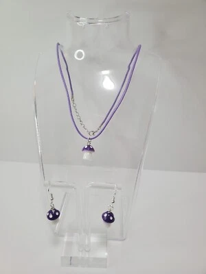 Handmade Mushroom Earrings And Necklace Purple White Cord Necklace Resin  Charms - Image 1 of 4