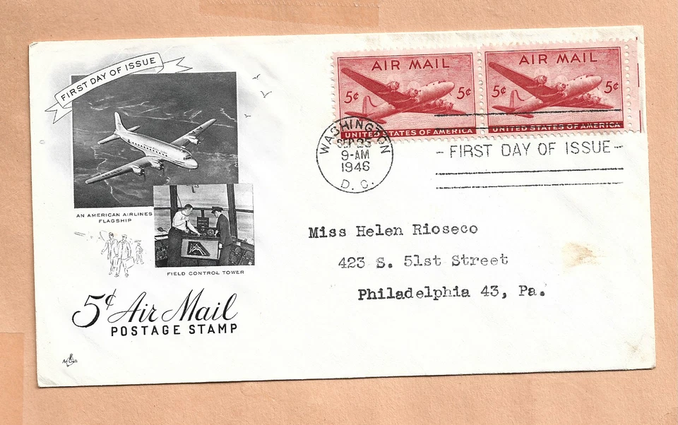 C32 AIR MAIL FDC 5 CENT MAIL SEP 25,1946 WASH DC ART CRAFT COVER - Image 1 of 1