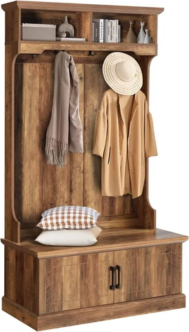 Entry Hall Tree with Shoe Storage Cabinet Bench Coat Rack Wood Seat Rustic Brown Cover