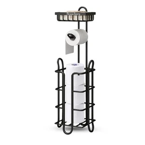 Black Toilet Paper Holder Stand with Shelf – Floor Bathroom Free Standing Toi... - Picture 1 of 9