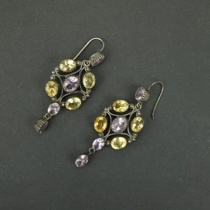 Vintage Sterling Silver Amethyst & Citrine Pendant Drop Hook earrings dangle 925 - Picture 1 of 6