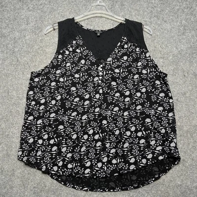 Lucky Brand Tank Top Womens 2X Black White Floral Embroidered Eyelet Boho Comfy - Image 1 of 4