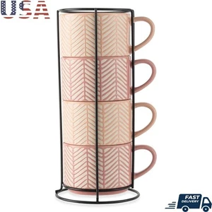 Juego de cuatro tazas apilables de gres diseño geométrico moderno caja fuerte nuevo - Imagen 1 de 7