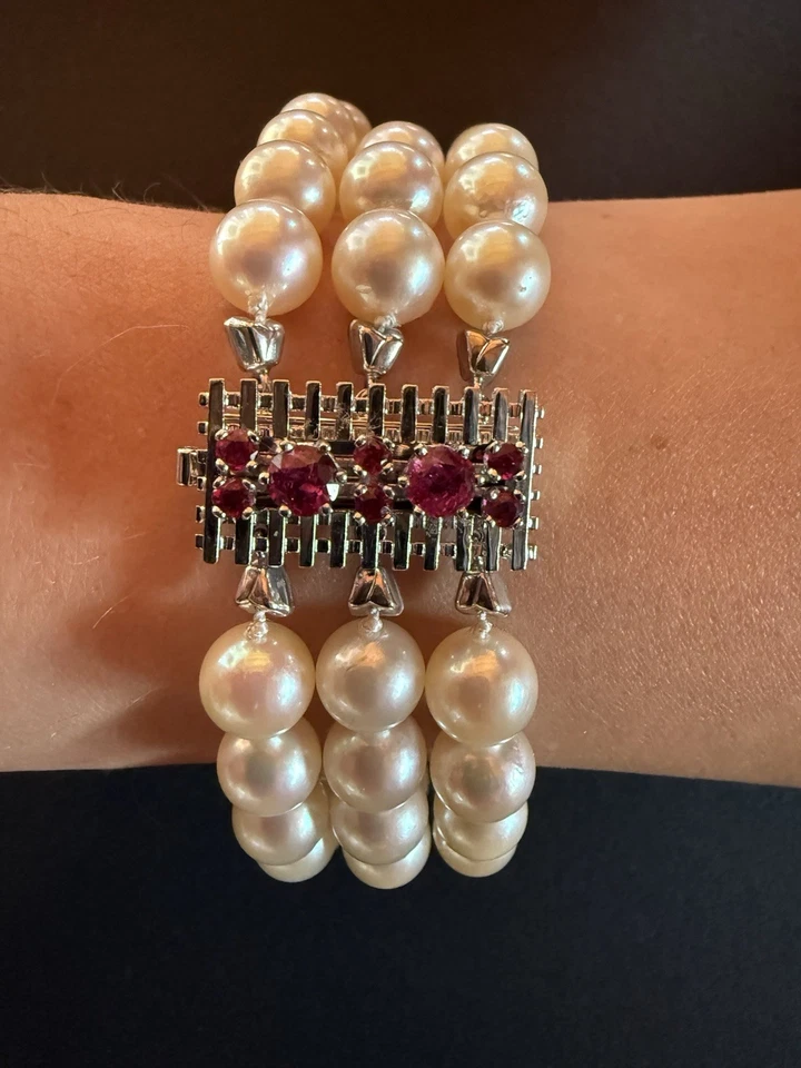 Perlenarmband / Armkette aus 585 Gold Weißgold Perlen Rubine, 14 Karat, - Bild 1 von 4