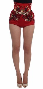 DOLCE & GABBANA Shorts Red Silk Crystal Roses Hot Pants IT40 / US6 / S RRP $4900 - Picture 1 of 7