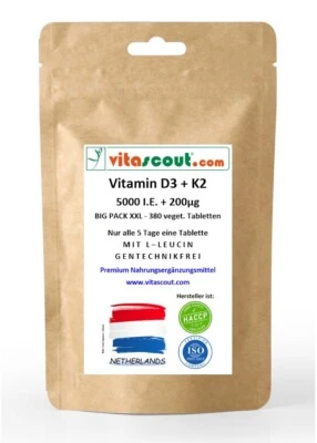 VITASCOUT.COM Vitamin D3 5000 IU + K2 200 mcg + L-Leucin - HOCH BIOVERFÜGBAR - 380 Tabletten