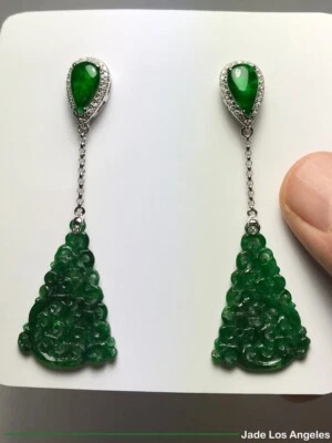 穿孔花卉翡翠绿色翡翠玉 18K 白金钻石吊坠耳环 — 第 1/4 张图片