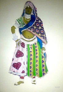 Leon Bakst Kostümdesign für ""Der blaue Gott"" SIGNIERTE SCHABLONE/AQUARELL um 1922 - Bild 1 von 6