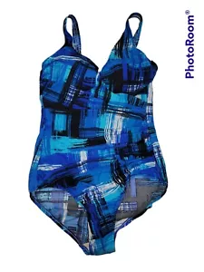 Miraclesuit Size 14 One Piece Swimsuit Blue Geometric Print Ruched Front Shaping - Picture 1 of 11