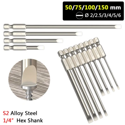 Ø 2/2.5/3/4/5/6mm Slotted Screwdriver Bit Set 1/4 Hex Shank 50/75/100/150mm Long - Image 1 of 4