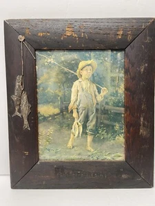 Marco antiguo con motivo de pesca de 1900 con estampado 14,5" x 12,5" - Imagen 1 de 9