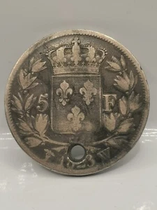 LILLE LOUIS XVIII NUDE HEAD FRANCE / SILVER 5 FRANC SILVER PENDANT - Picture 1 of 3
