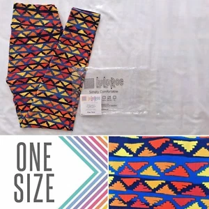 NUEVO CON ETIQUETAS LuLaRoe OS Leggings Suaves Mantecos Triángulos Aztecas Azul Marino Naranja Amarillo - Imagen 1 de 5