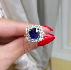 2.14 Ct Cushion Cut Natural Sapphire Diamond Wedding Ring 10K Solid White Gold - Picture 1 of 4