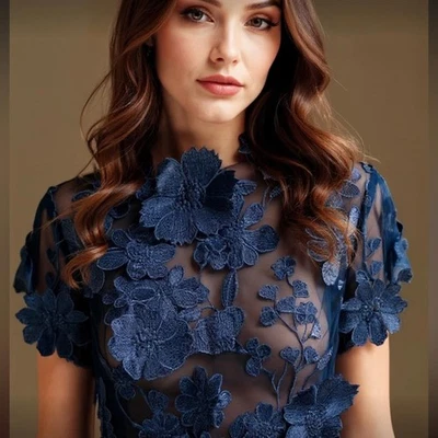 Alice + Olivia Navy Blue 3D Floral Appliqué Mesh Sheer Short Sleeve Top Blouse - Image 1 of 4