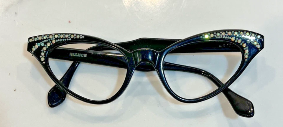 Vintage Woman's Eyeglass Black Oval France many Rhinestones 46 x 18 - Image 1 of 4