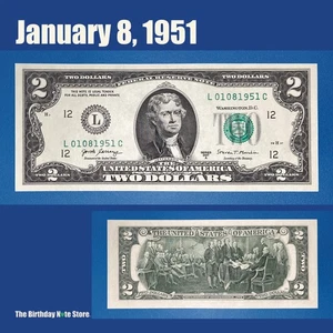 January 8, 1951 Birthday Anniversary $2 Two Dollar Bill Serial Number 01081951 - Picture 1 of 2