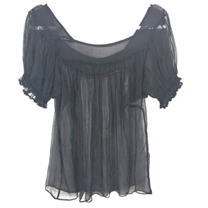 Saks Fifth Ave Silk Sheer Blouse Puff Sleeve Top Large Fairygrunge Whimsigoth - Picture 1 of 21