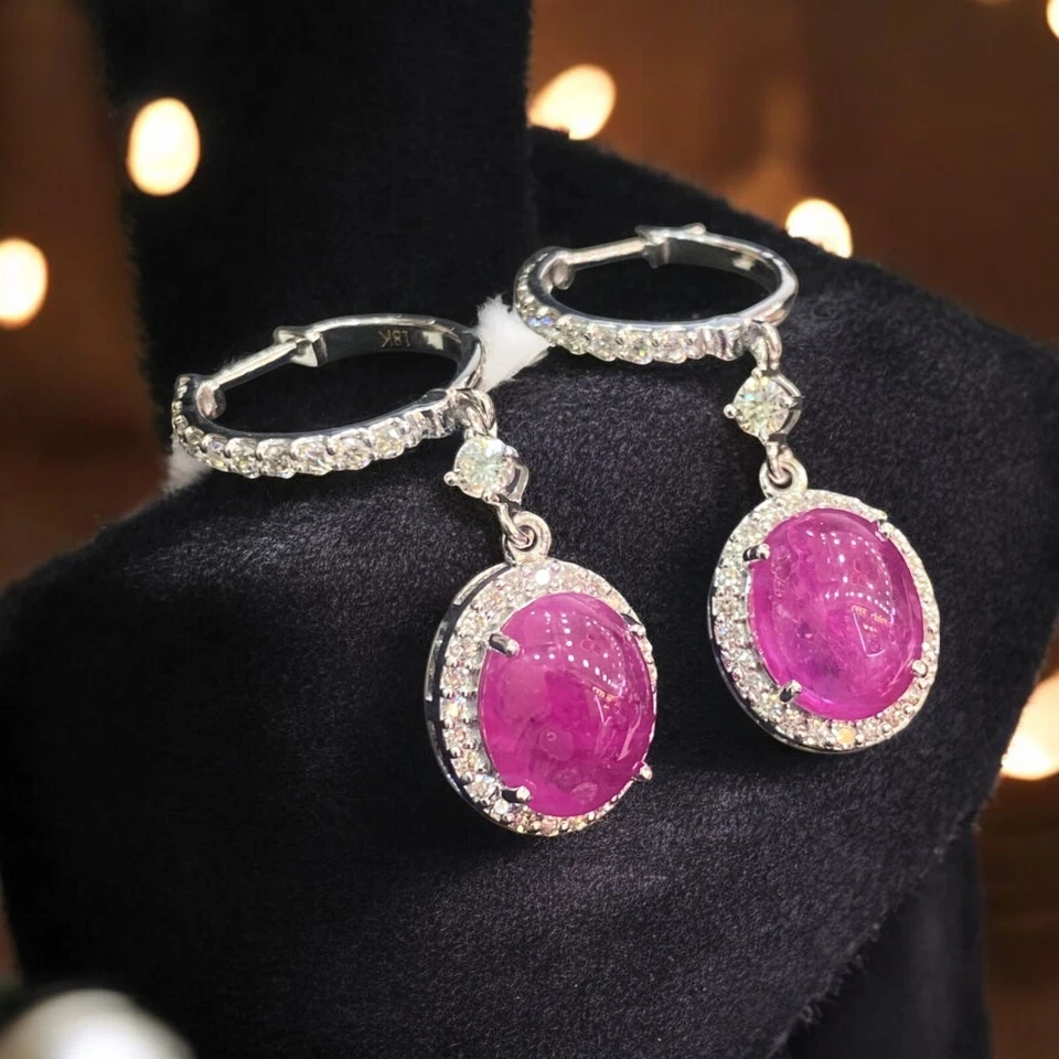 Pave 9.50 Cts Round Brilliant Cut Natural Diamonds Ruby Dangle Earrings 18K Gold - Image 1 of 4