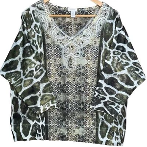 CHICOS Women’s Green Animal Print Beaded Boho Chic Relaxed Fit Blouse 3/XL - Picture 1 of 6