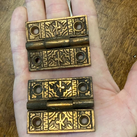 PAIR Eastlake cabinet hinges - Victorian small cast iron furniture hinges Cover