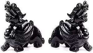 A Pair Chinese Feng Shui PiXiu PiYao Statues Black Obsidian Stone Decor Collect - Picture 1 of 5