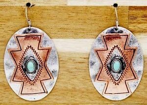 Burnishd Silver Concho Copper Geometric Turquoise Cabachon Earrings Dangle Wire 
