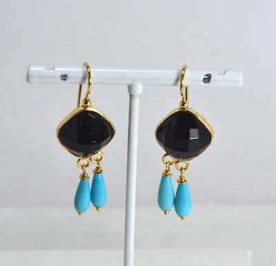 ORECCHINI ARGENTO 925 DORATO CARRE ONICE  PENDOLI TURCHESE NATURALE    AGHT 0925 - Immagine 1 di 3