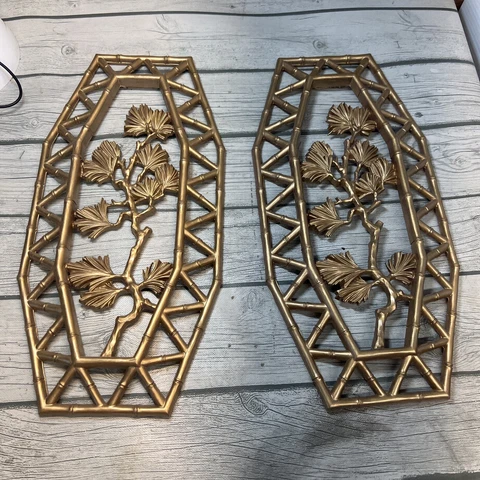 Vintage Pair MCM Syroco Bamboo Gold Floral Wall Plaques Dart 7412 A & B Homco Cover