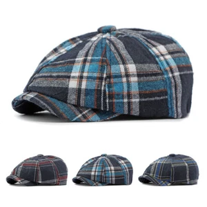 Vintage Newsboy Hat Gatsby Baker Boy Checked Plaid Flat Golf Cap - Picture 1 of 13