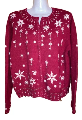 Erika Mujer Talla XL Rojo Cuentas Bordado Cárdigan Suéter Vacaciones Navidad Foto 1 de 4