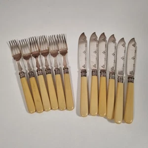 Antique Atkin Bros 6 Fish Knives Forks Faux Bone Silver Plate Victorian Set - Picture 1 of 24
