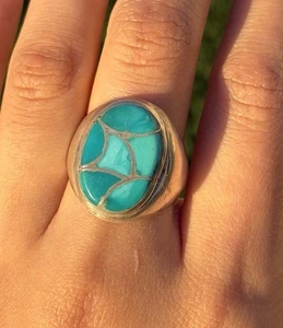 Native American Sterling Silver Turquoise Inlay Ring. Size 10 ELB - Picture 1 of 12