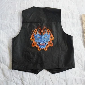 VTG Black Leather Vest USA Leather XL Motorcycle Biker Devil Demon Embroidered - Picture 1 of 7