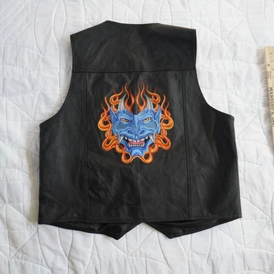 VTG Black Leather Vest USA Leather XL Motorcycle Biker Devil Demon Embroidered - Image 1 of 4