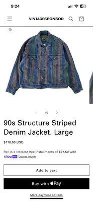 Vintage 1990s Structure Stripped Denim Jacket, Mens XL - Image 1 of 4