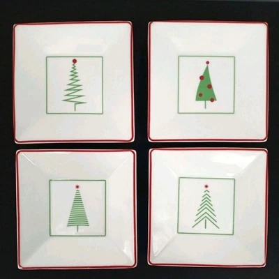 CRATE & BARREL Red Green 5.5" Holiday Christmas Tree Appetizer 4 Plates New Box - Image 1 of 4