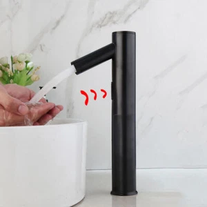 Black Tall Bathroom Basin Faucet Automatic Touchless Sensor Deck Mount Mixer Tap - Picture 1 of 11