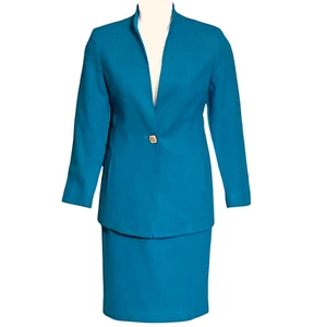Vintage 80s Augustus Wool Skirt Suit Size 12 Teal Blue One Button Blazer Career - Picture 1 of 10