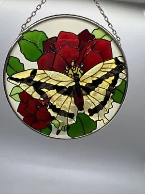 "VIDRIO MANCHADO MARIPOSA JOAN BAKER DISEÑOS FLORES PINTADO A MANO ARTE VENTANA 4,5""" Foto 1 de 4