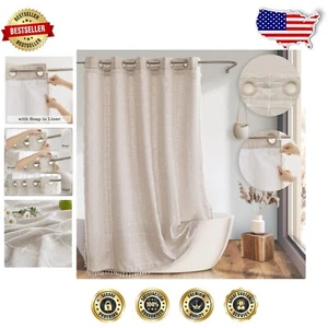 Boho Farmhouse Shower Curtain with Snap-in Liner - Rustic Tassels 71x74Inch - Picture 1 of 7